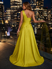 Satin A-Line/Princess One Shoulder Floor-Length Evening Dresses with Ruched Waist