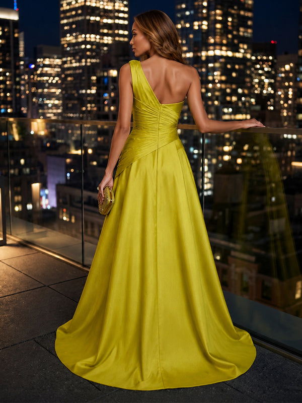 Satin A-Line/Princess One Shoulder Floor-Length Evening Dresses with Ruched Waist