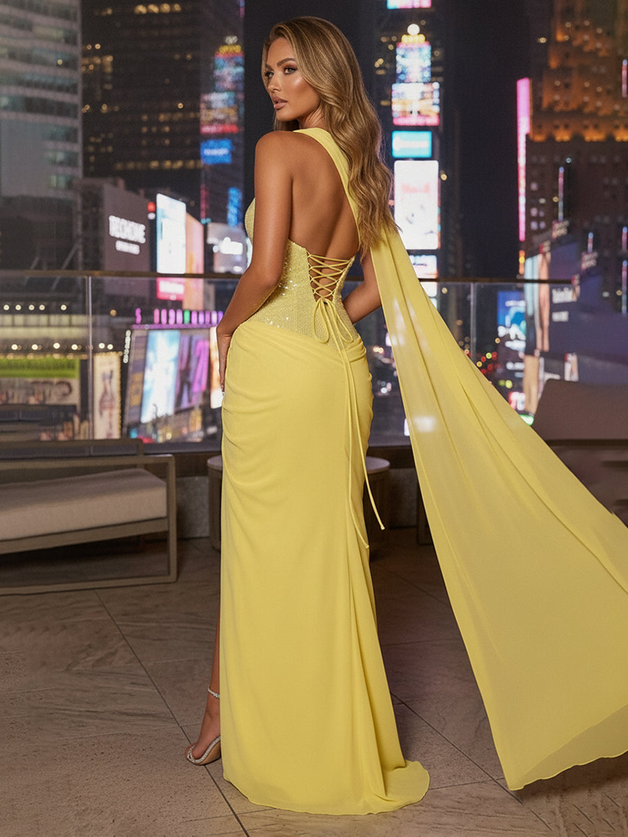 Chiffon Sheath/Column Strapless Floor-Length Evening Dresses with Sequin Bodice, Ruched Waist, Slit & Scarf