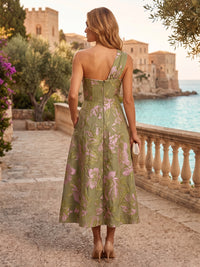 Jacquard A-Line/Princess One Shoulder Tea-Length Evening Dresses with Ruffles