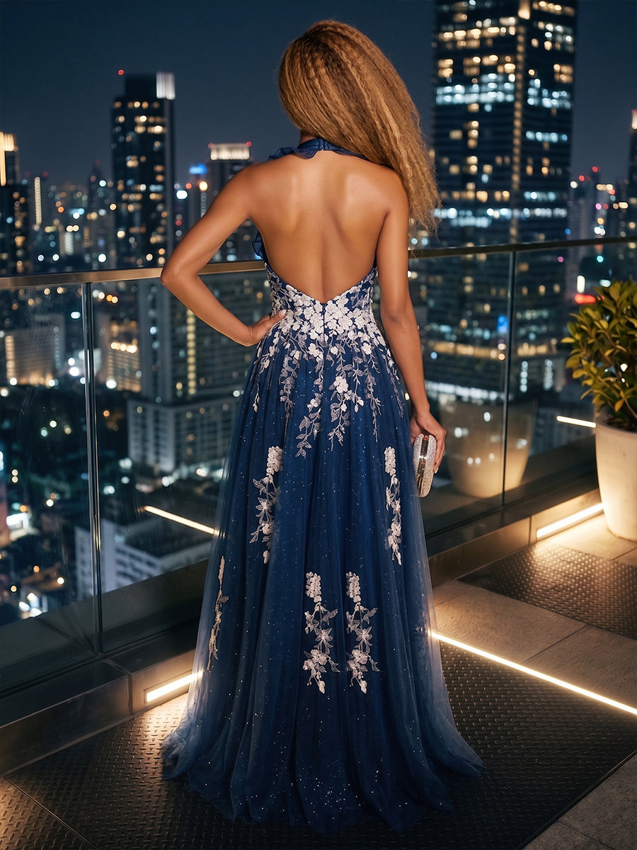 Tulle A-Line/Princess Halter Floor-Length Evening Dresses with Slit