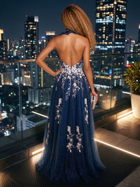 Tulle A-Line/Princess Halter Floor-Length Evening Dresses with Slit