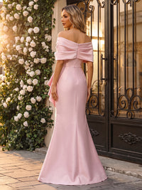 Satin Mermaid/Trumpet Off Shoulder Floor-Length Evening Dresses with Ruffles & Slit