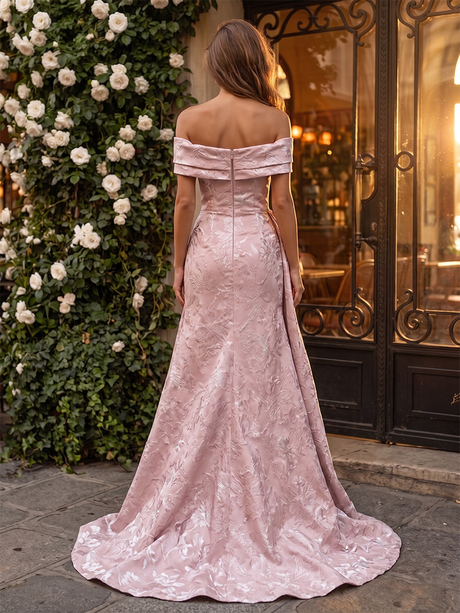 Jacquard Sheath/Column Off Shoulder Floor-Length Evening Dresses with Ruched Waist & Sweep Train