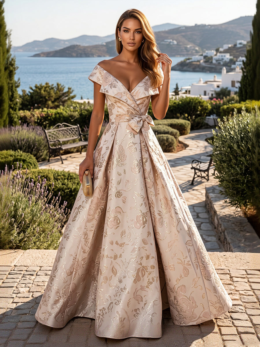 Jacquard A-Line/Princess Off Shoulder Floor-Length Evening Dresses with Belt