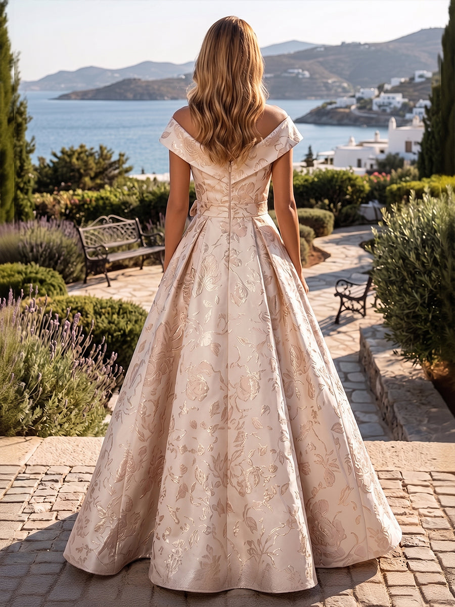 Jacquard A-Line/Princess Off Shoulder Floor-Length Evening Dresses with Belt