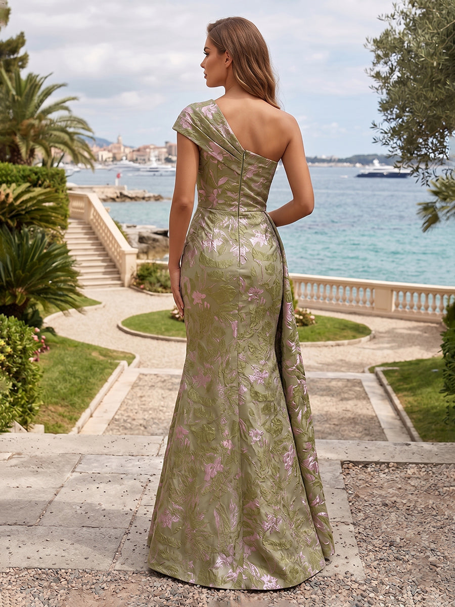 Jacquard Mermaid/Trumpet One Shoulder Floor-Length Evening Dresses with Ruched Waist