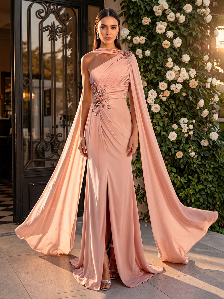 Chiffon Sheath/Column One Shoulder Floor-Length Evening Dresses with Rhinestones & Sweep Train