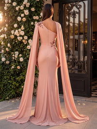 Chiffon Sheath/Column One Shoulder Floor-Length Evening Dresses with Rhinestones & Sweep Train