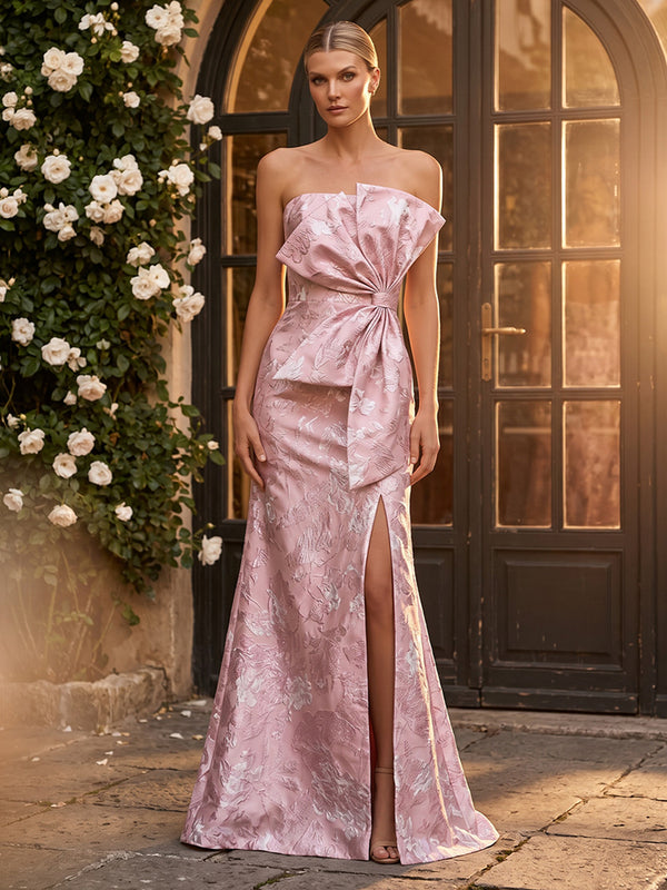 Jacquard Sheath/Column Strapless Floor-Length Evening Dresses with Slit & Bow