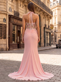 Chiffon Sheath/Column Halter Floor-Length Evening Dresses with Sequin Floral Bodice & Slit