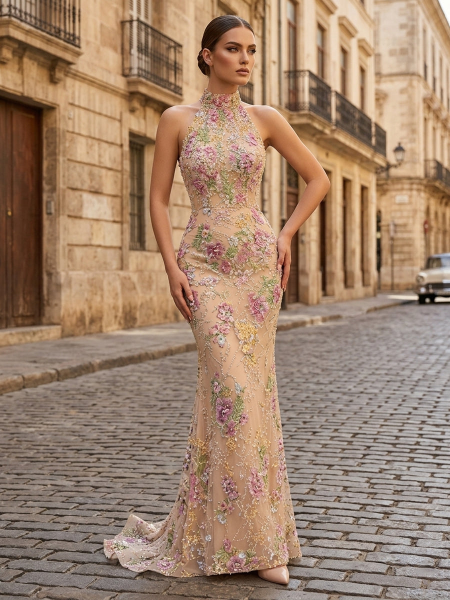 Sequin Floral Mermaid/Trumpet High Neck Floor-Length Evening Dresses with Sweep Train