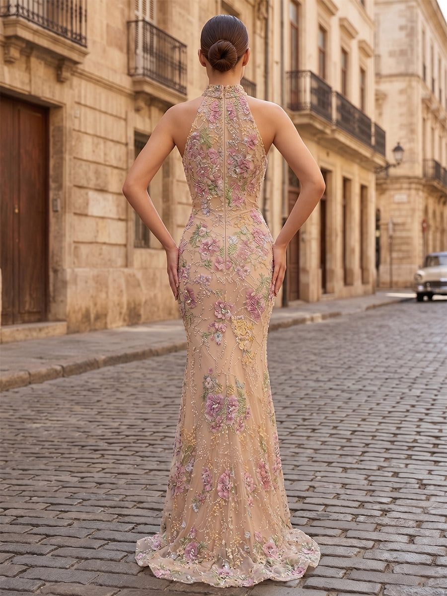 Sequin Floral Mermaid/Trumpet High Neck Floor-Length Evening Dresses with Sweep Train