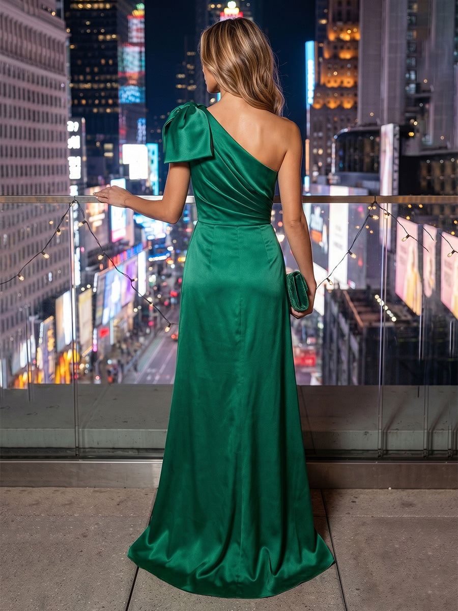 Satin Sheath/Column One Shoulder Floor-Length Evening Dresses with Ruched Waist