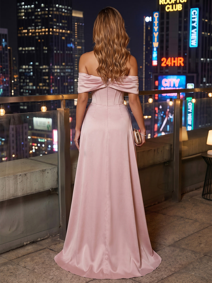 Satin Sheath/Column Off Shoulder Floor-Length Evening Dresses with Corset & Ruched Waist