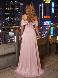 Satin Sheath/Column Off Shoulder Floor-Length Evening Dresses with Corset & Ruched Waist