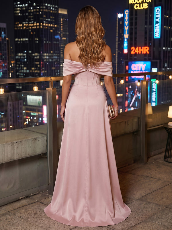 Satin Sheath/Column Off Shoulder Floor-Length Evening Dresses with Corset & Ruched Waist