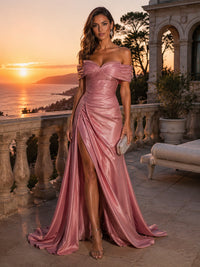 Metallic Satin Sheath/Column Off Shoulder Floor-Length Evening Dresses with Ruched Waist & Slit