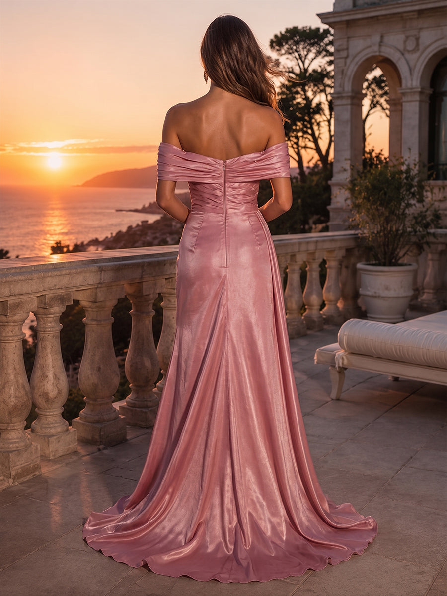 Metallic Satin Sheath/Column Off Shoulder Floor-Length Evening Dresses with Ruched Waist & Slit