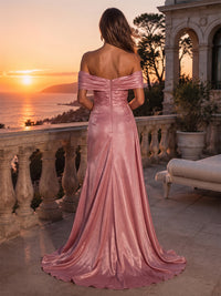 Metallic Satin Sheath/Column Off Shoulder Floor-Length Evening Dresses with Ruched Waist & Slit