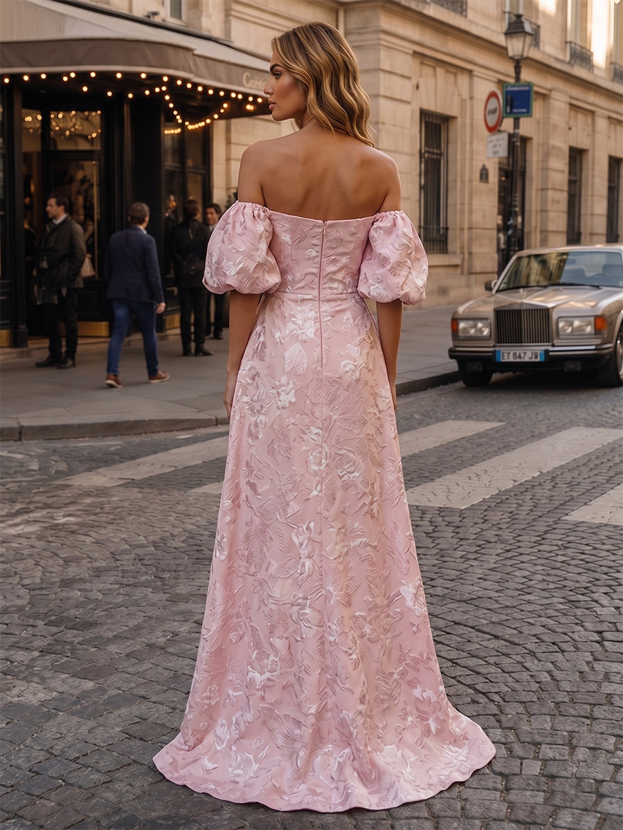 Jacquard Sheath/Column Off Shoulder Floor-Length Evening Dresses with Ruched Waist & Slit