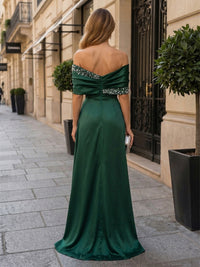Satin Sheath/Column Off Shoulder Floor-Length Evening Dresses with Ruched Waist & Slit