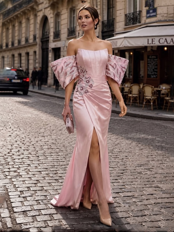 Satin Sheath/Column Off Shoulder Floor-Length Evening Dresses with Corset & Ruched Waist