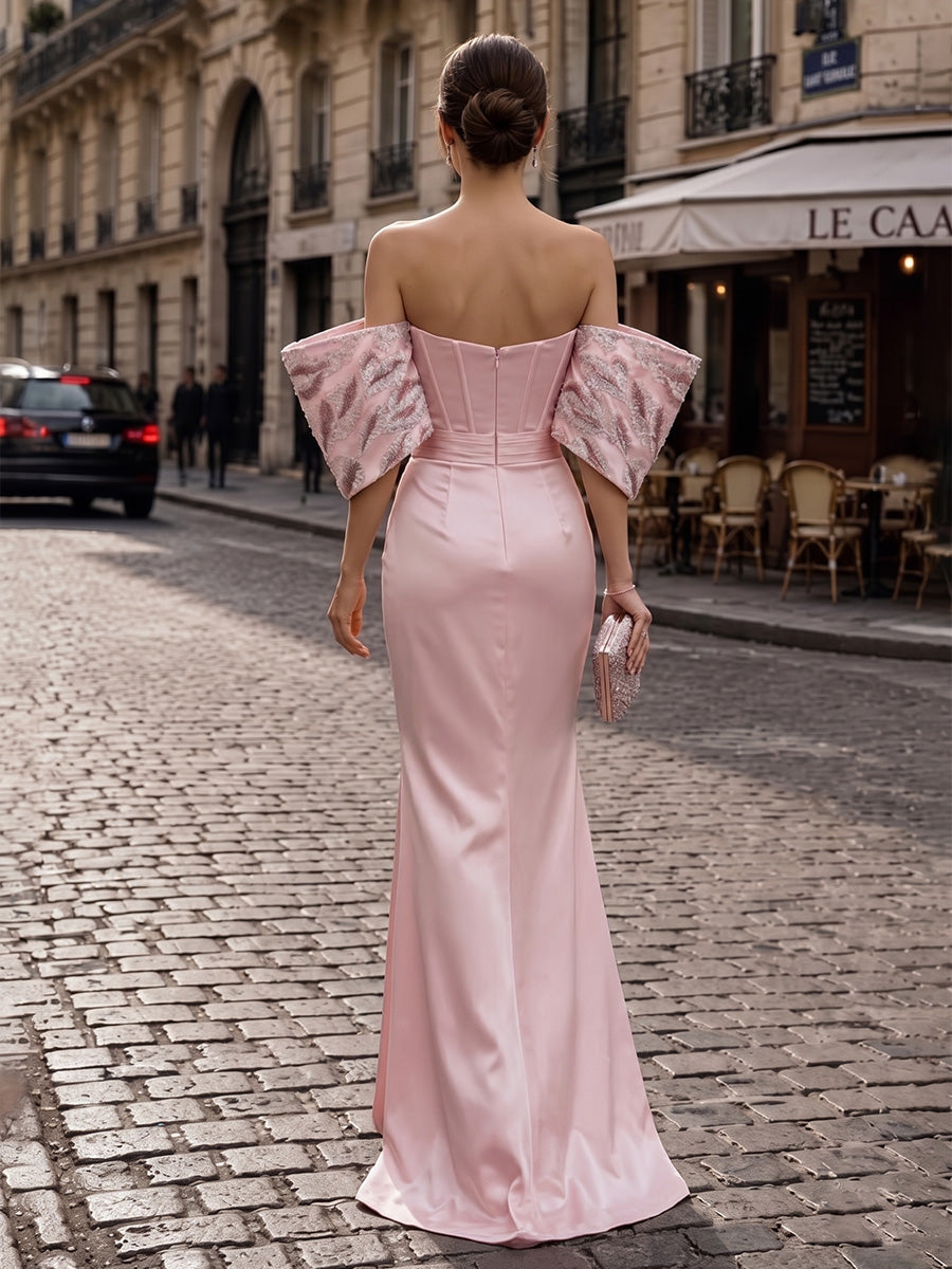 Satin Sheath/Column Off Shoulder Floor-Length Evening Dresses with Corset & Ruched Waist
