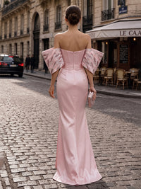Satin Sheath/Column Off Shoulder Floor-Length Evening Dresses with Corset & Ruched Waist