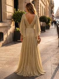 Shimmer Jersey A-Line/Princess V-Neck Floor-Length Evening Dresses with Pleats & Slit