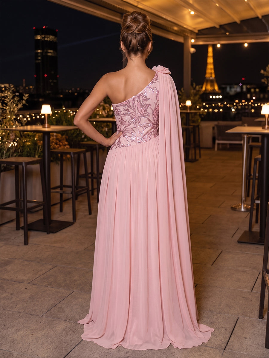 Chiffon A-Line/Princess One Shoulder Floor-Length Evening Dresses with Sequin Floral Bodice & Pleats