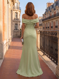 Stretch Jersey Sheath/Column Off Shoulder Floor-Length Evening Dresses with Ruffles & Slit