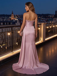 Satin Sheath/Column Strapless Floor-Length Evening Dresses with Ruched Waist & Slit