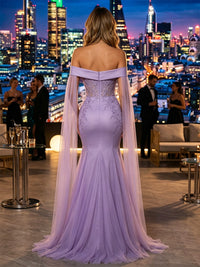 Tulle Mermaid/Trumpet Off Shoulder Floor-Length Evening Dresses with Lace Bodice