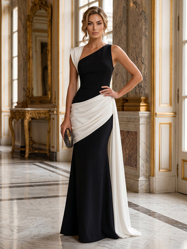 Stretch Jersey Sheath/Column Asymmetric Neck Floor-Length Evening Dresses with Ruched Waist