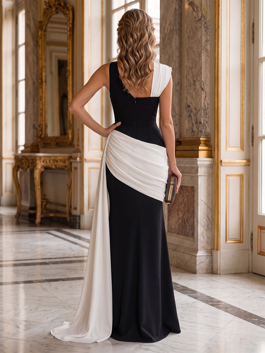 Stretch Jersey Sheath/Column Asymmetric Neck Floor-Length Evening Dresses with Ruched Waist