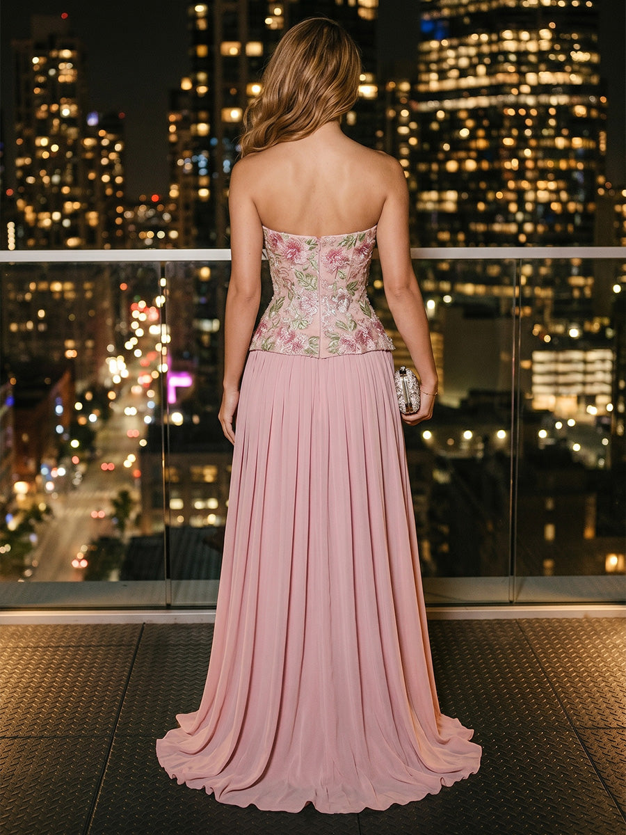 Chiffon A-Line/Princess Strapless Floor-Length Evening Dresses with Sequin Floral Bodice & Pleats