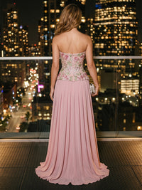 Chiffon A-Line/Princess Strapless Floor-Length Evening Dresses with Sequin Floral Bodice & Pleats