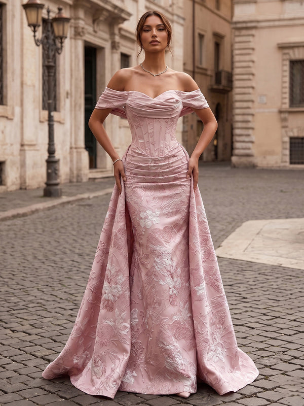 Jacquard Sheath/Column Off Shoulder Floor-Length Evening Dresses with Corset & Ruched Waist