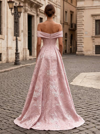 Jacquard Sheath/Column Off Shoulder Floor-Length Evening Dresses with Corset & Ruched Waist