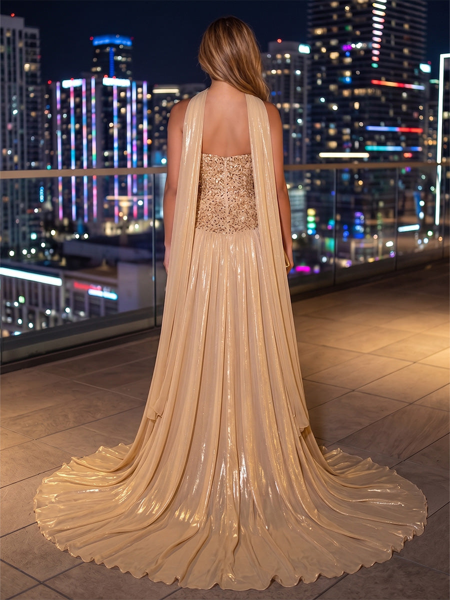 Metallic Satin A-Line/Princess Strapless Floor-Length Evening Dresses with Sequin Bodice, Scarf & Pleats