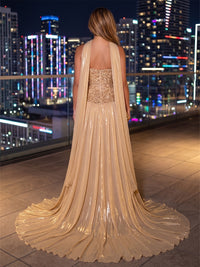 Metallic Satin A-Line/Princess Strapless Floor-Length Evening Dresses with Sequin Bodice, Scarf & Pleats