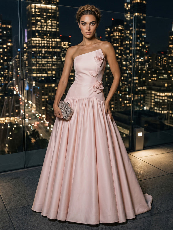 Satin A-Line/Princess Strapless Floor-Length Evening Dresses with 3D Flowers & Pleats