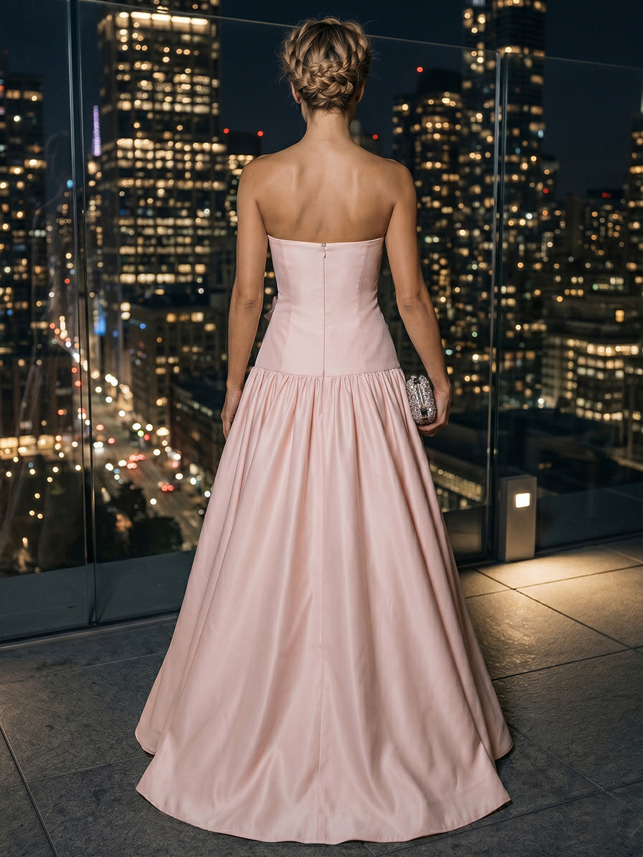 Satin A-Line/Princess Strapless Floor-Length Evening Dresses with 3D Flowers & Pleats