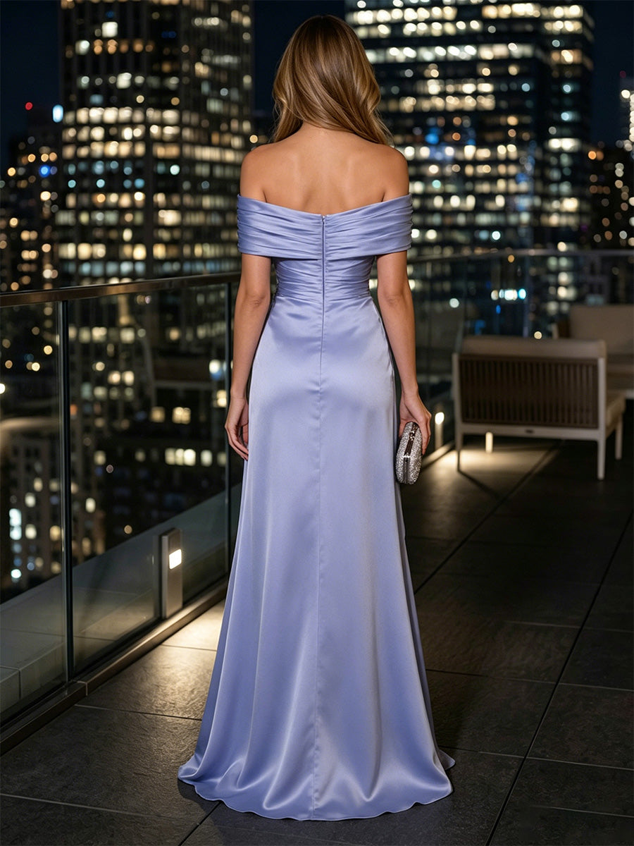 Satin Sheath/Column Off Shoulder Floor-Length Evening Dresses with Ruffles & Ruched Waist