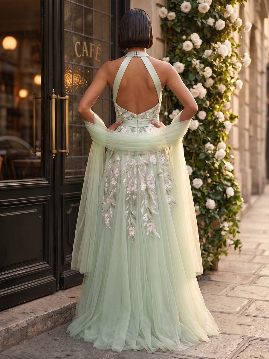 Tulle A-Line/Princess Halter Floor-Length Evening Dresses with Floral Embroidery, Pleats & Slit