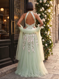Tulle A-Line/Princess Halter Floor-Length Evening Dresses with Floral Embroidery, Pleats & Slit