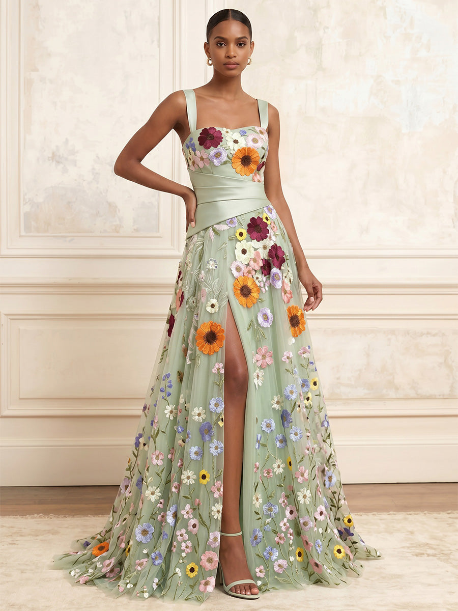 Floral Embroidery A-Line/Princess Square Neck Floor-Length Evening Dresses with Pleats & Slit