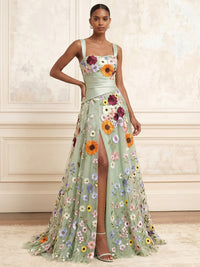Floral Embroidery A-Line/Princess Square Neck Floor-Length Evening Dresses with Pleats & Slit