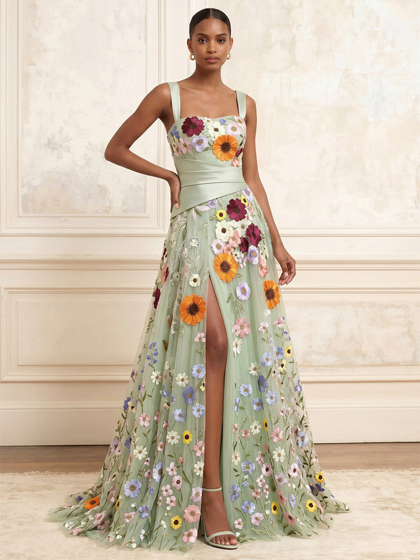 Floral Embroidery A-Line/Princess Square Neck Floor-Length Evening Dresses with Pleats & Slit